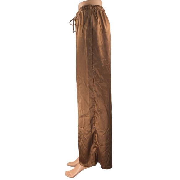 AFRM Womens Brown Silky Satin Elastic Waist Drawstring Wide Leg Trousers Pants M - Picture 2 of 5